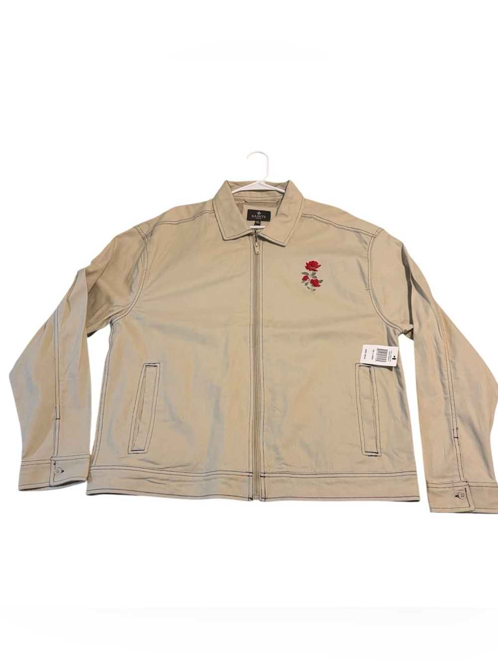 Men's Lightweight Beige Zip Jacket with Embroidered Red Rose